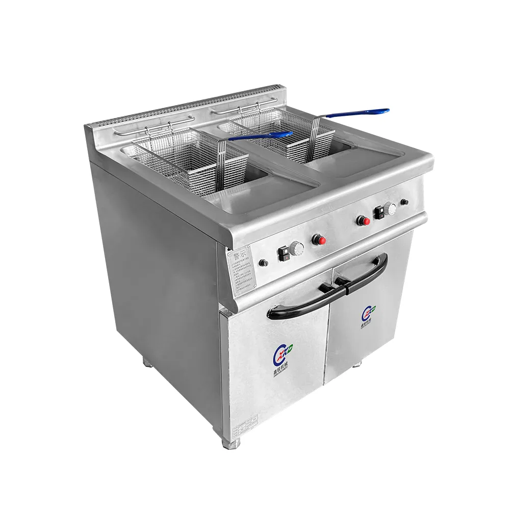 Gas double-cylinder double-Sieve fryer พร้อมฐานตู้ (ตามมาตรฐานการรับรอง3C) - หม้อทอดแบบน้ำมันลึก - foodmachtech